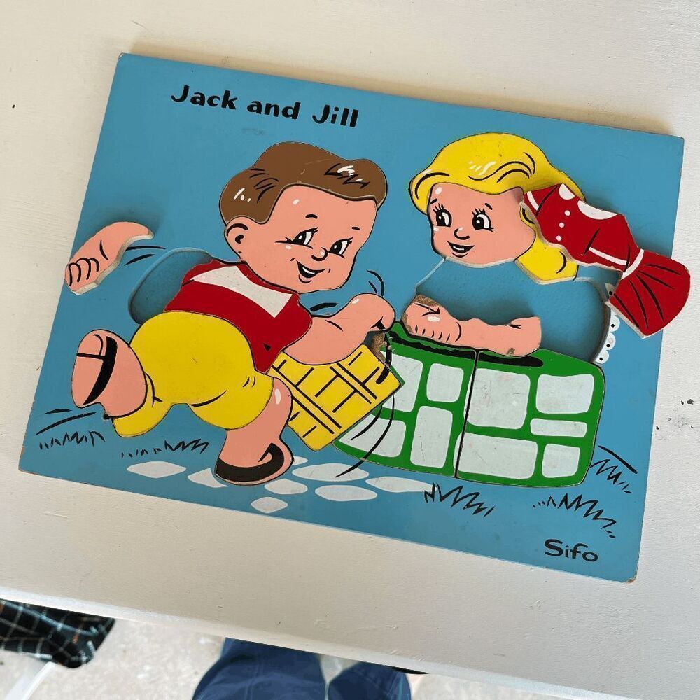 VTG 1960s Sifo Jack and Jill Wooden Puzzle Nursery Decor Kids Toy